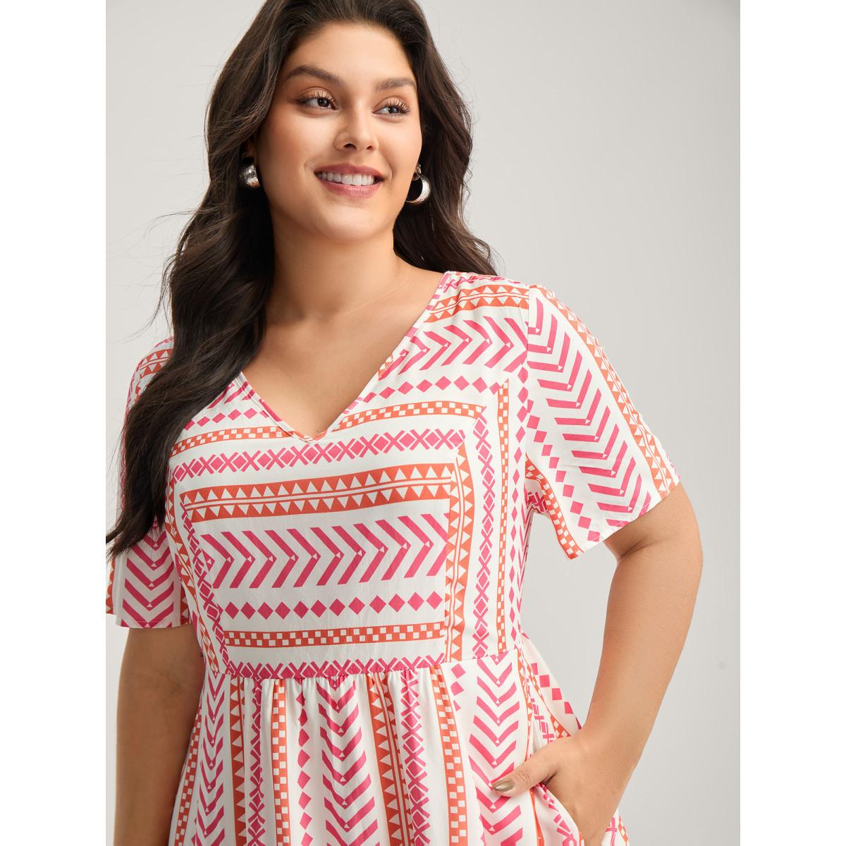 Plus Size Geometric Stripes V-Neck Midi Dress Watermelon Women Non V-neck Short sleeve Curvy BloomChic 28/5X Product Image