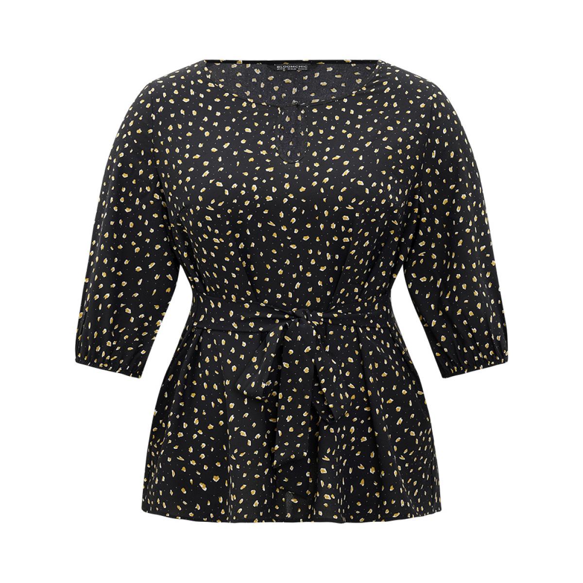 Plus Size Black Dot Button Up Keyhole Ties Lantern Sleeve Blouse Women Elegant Elbow-length sleeve Keyhole Cut-Out Dailywear Blouses BloomChic 22-24/3X Product Image