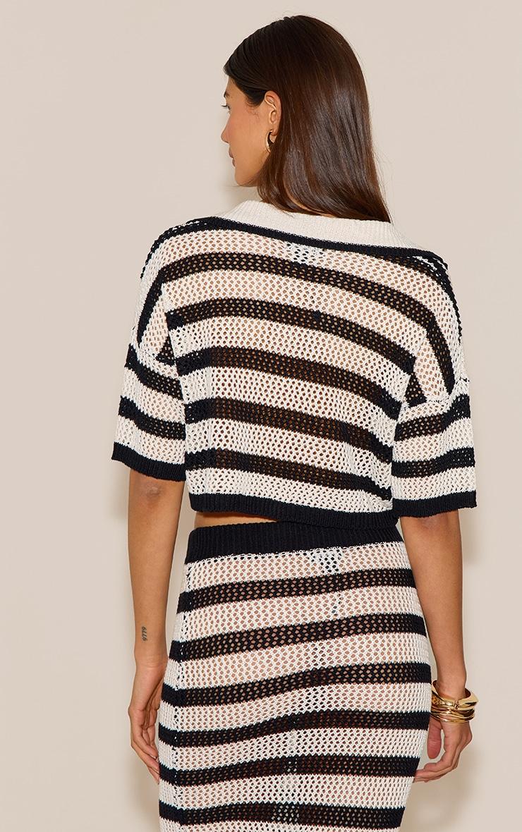 Monochrome Stripe Crochet Knit Tie Front Top Product Image