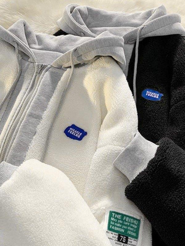 Oversized Patchwork Zip Up Fleece Hooded Jacket Product Image