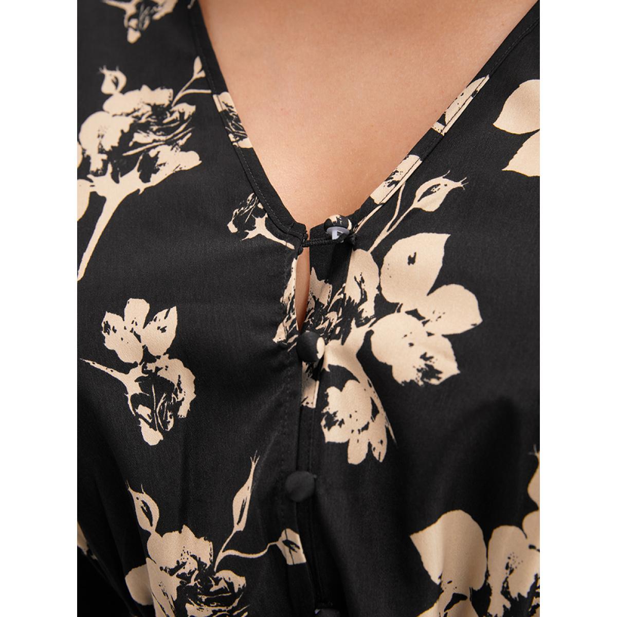 Plus Size Floral V Neck Button Pocket Shirred Midi Dress Black Women Elegant Pocket V-neck Long Sleeve Curvy Midi Dress BloomChic 30/6X Product Image