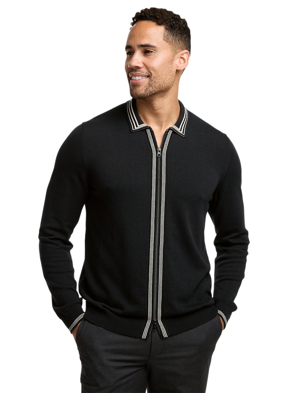 Cotton Full Zip Polo - Black Product Image