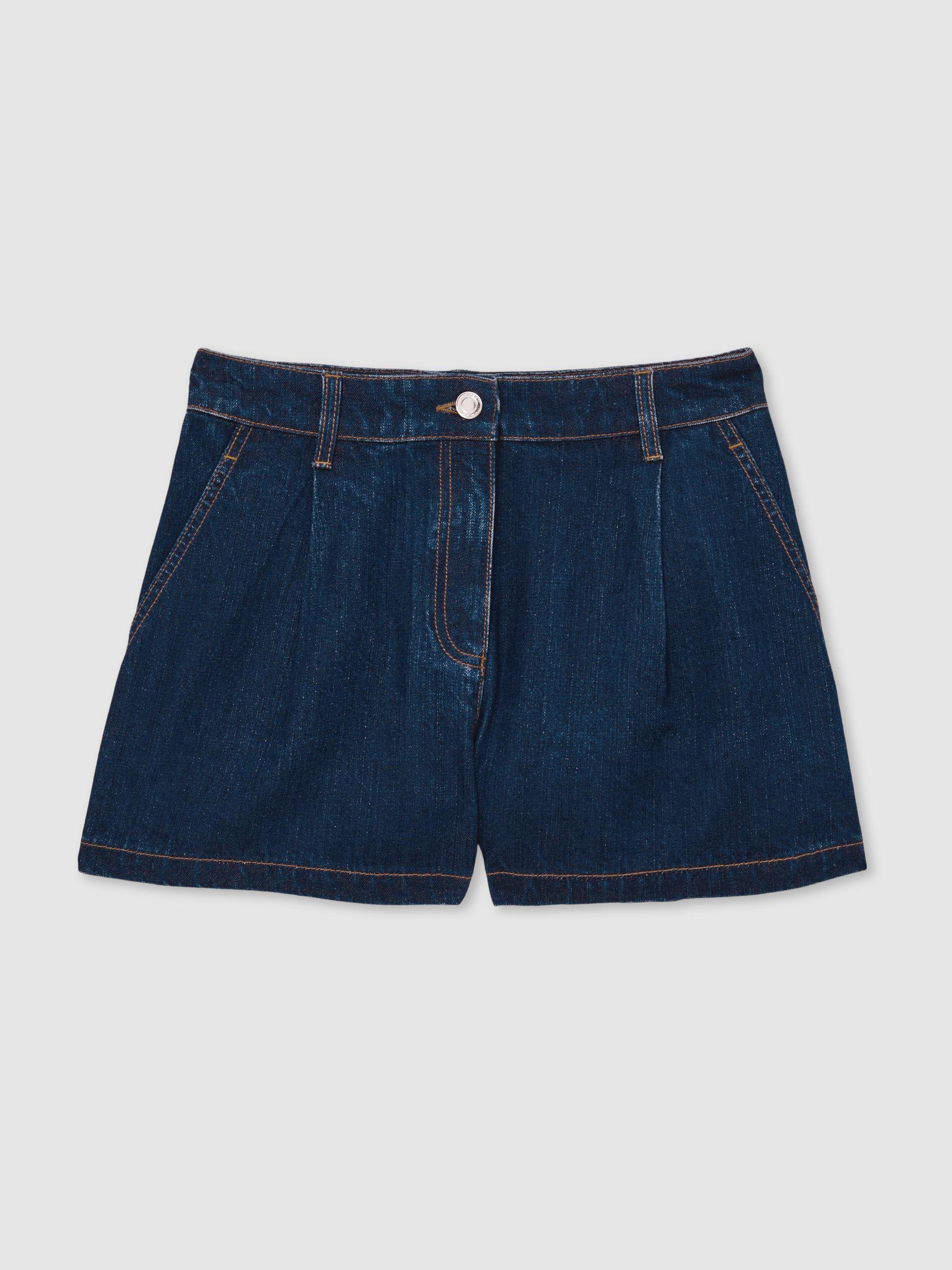 Denim Pleated Shorts in Mid Blue Product Image