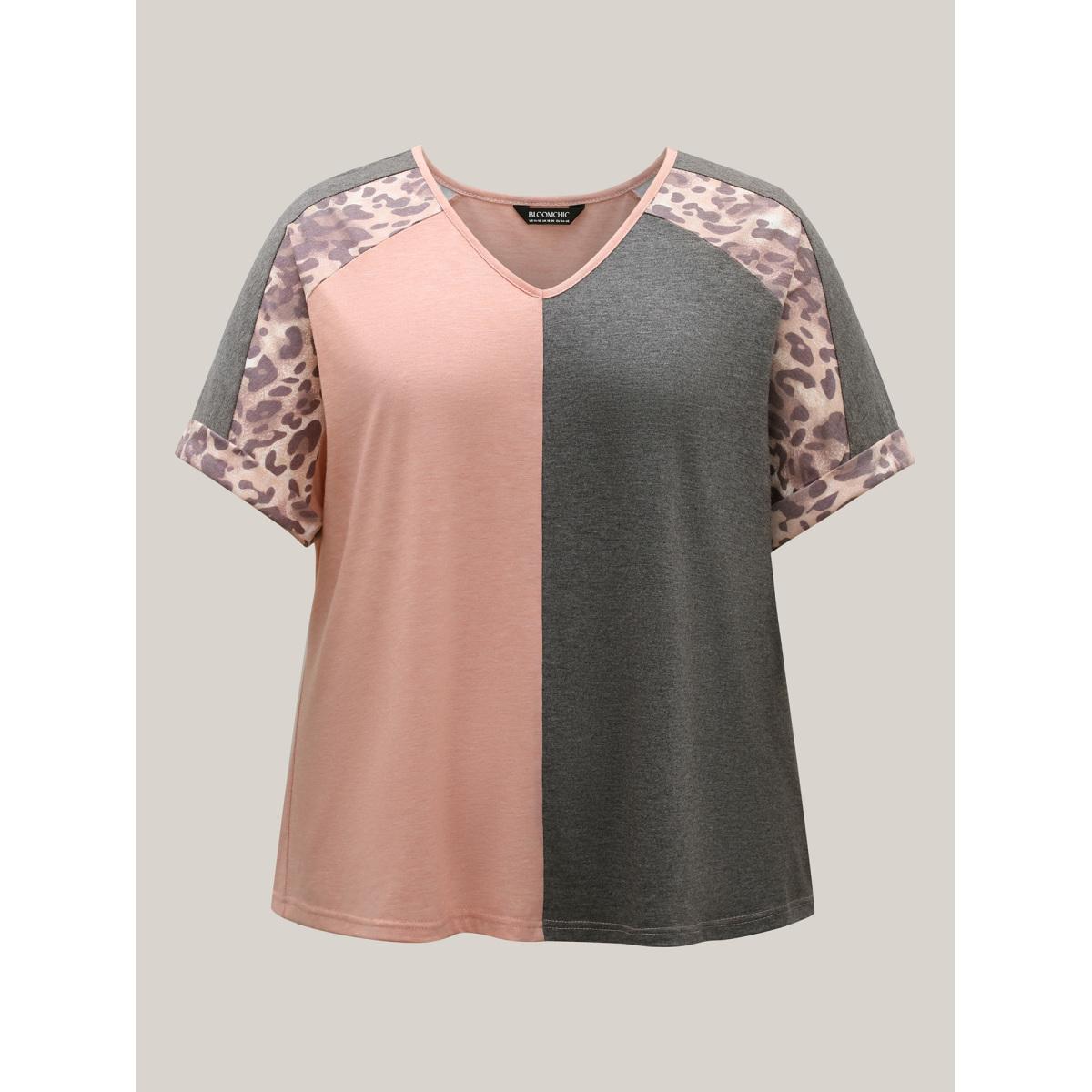 Plus Size Leopard Print Color Contrast T-Shirt Multicolor Women Leisure Contrast V-neck Casual T-shirts BloomChic 28/5X Product Image