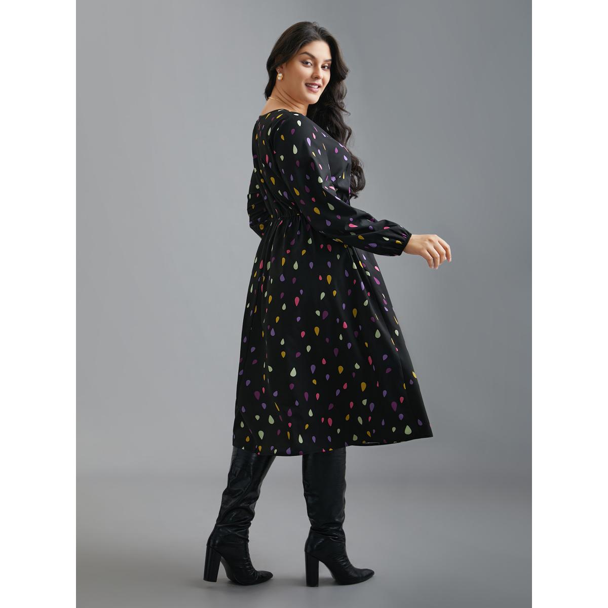 Plus Size V Neck Color Contrast Lantern Sleeve Dress Black Women Elegant Contrast V-neck Long Sleeve Curvy BloomChic 18-20/2X Product Image