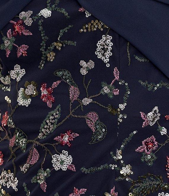 JS Collections Floral Pattern Embroidered Mesh One Shoulder Short Sleeve Asymmetrical Twit Sheath Midi Dress Product Image