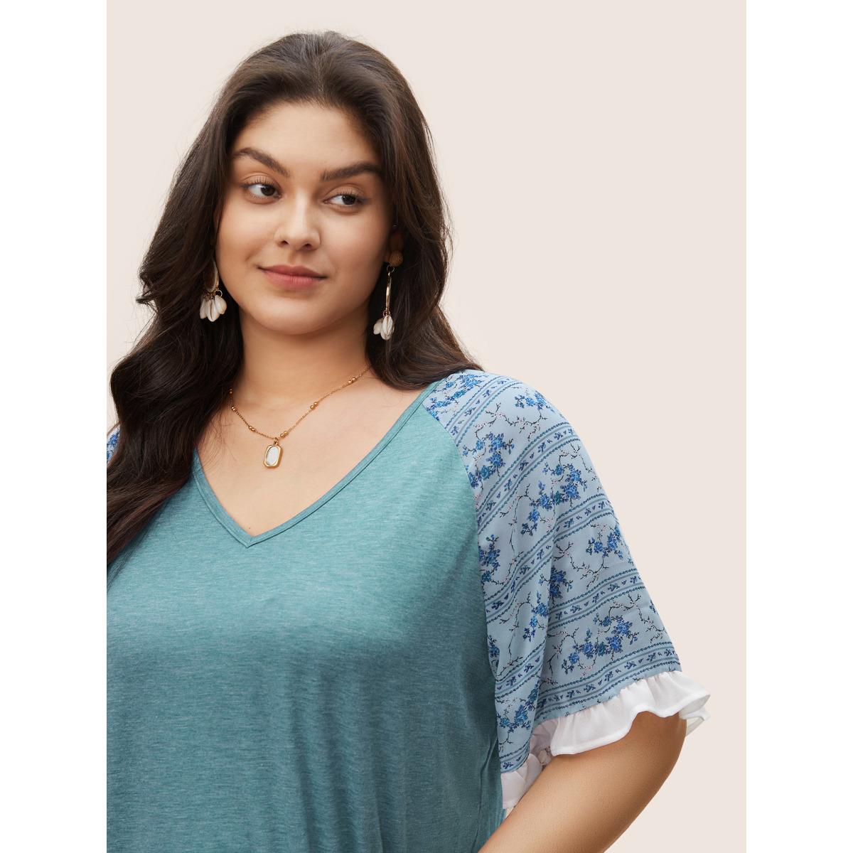 Plus Size Ditsy Floral Patchwork Frill Trim Raglan Sleeve T-shirt Cerulean Women Elegant Contrast Ditsy Floral V-neck Everyday T-shirts BloomChic 10/M Product Image