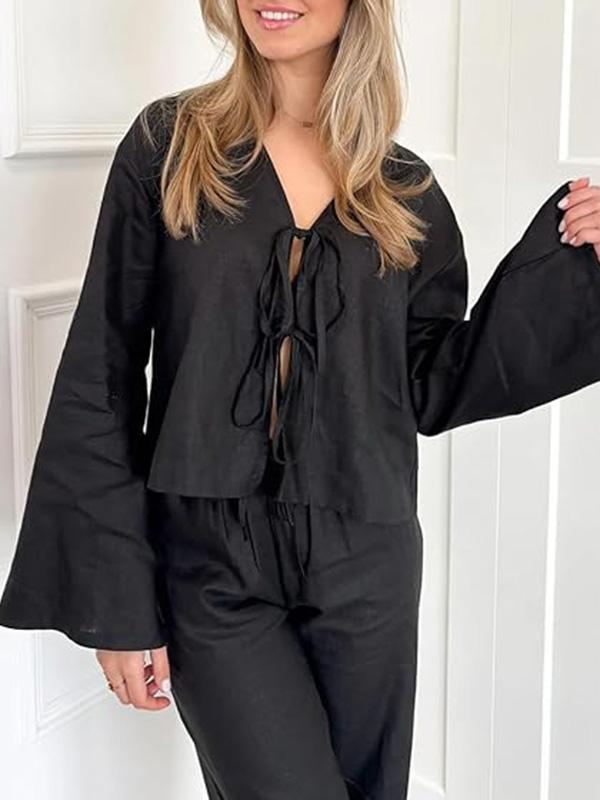 Lace-Up Solid Color V-Neck Blouses&Shirts Tops Product Image