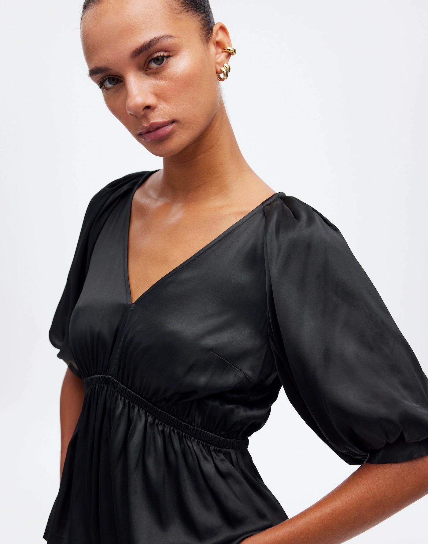 Shirred Puff-Sleeve Top in Satin Product Image