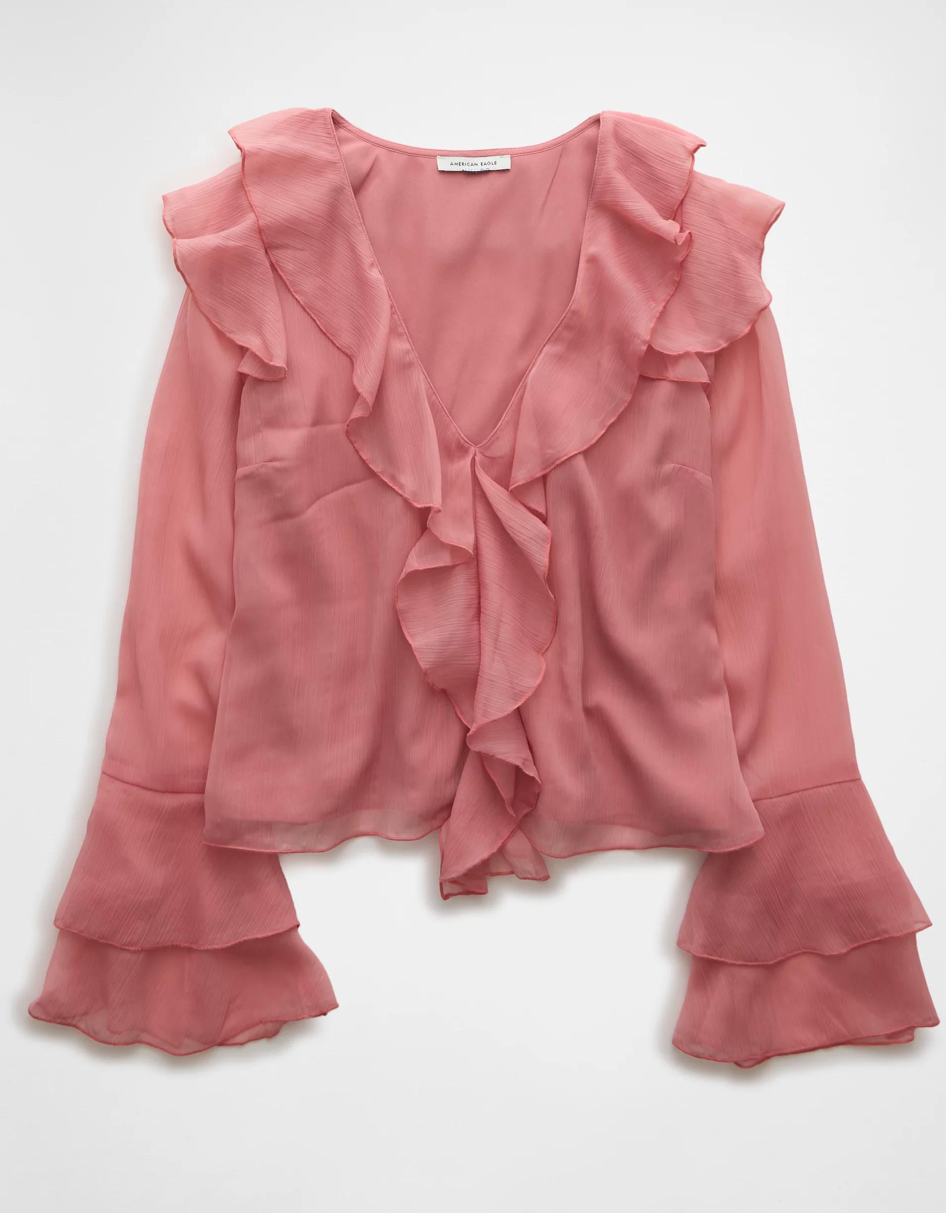 AE Long-Sleeve Chiffon Ruffle Blouse Product Image