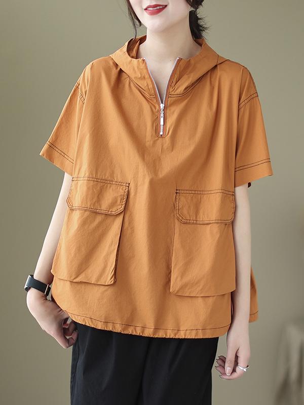 Loose Short Sleeves Zipper Hooded T-Shirts Tops Product Image