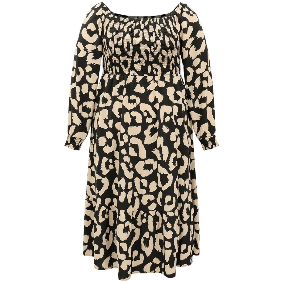 Plus Size Leopard Shirred Square Neck Lantern Sleeve Dress Black Women At the Office Printed Square Neck Long Sleeve Curvy Midi Dress BloomChic 18-20/2X Product Image