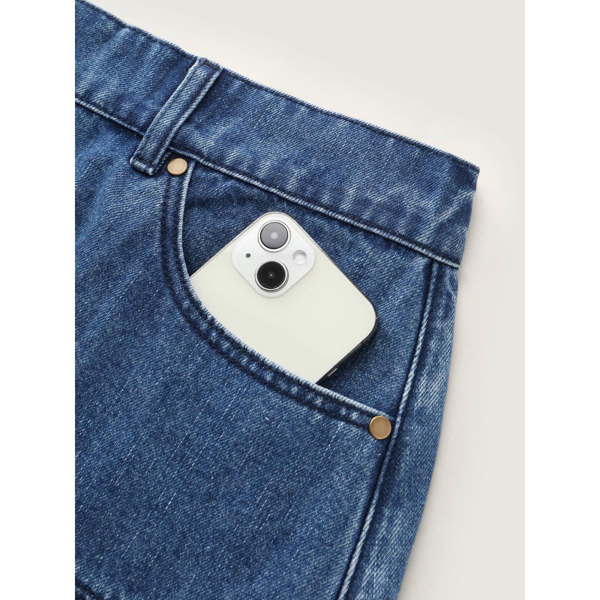 Plus Size Elastic Back Waistband Maxi Denim Skirt Women Darkindigo No stretch Casual Slanted pocket Leisure Denim Shorts BloomChic 18/2X Product Image