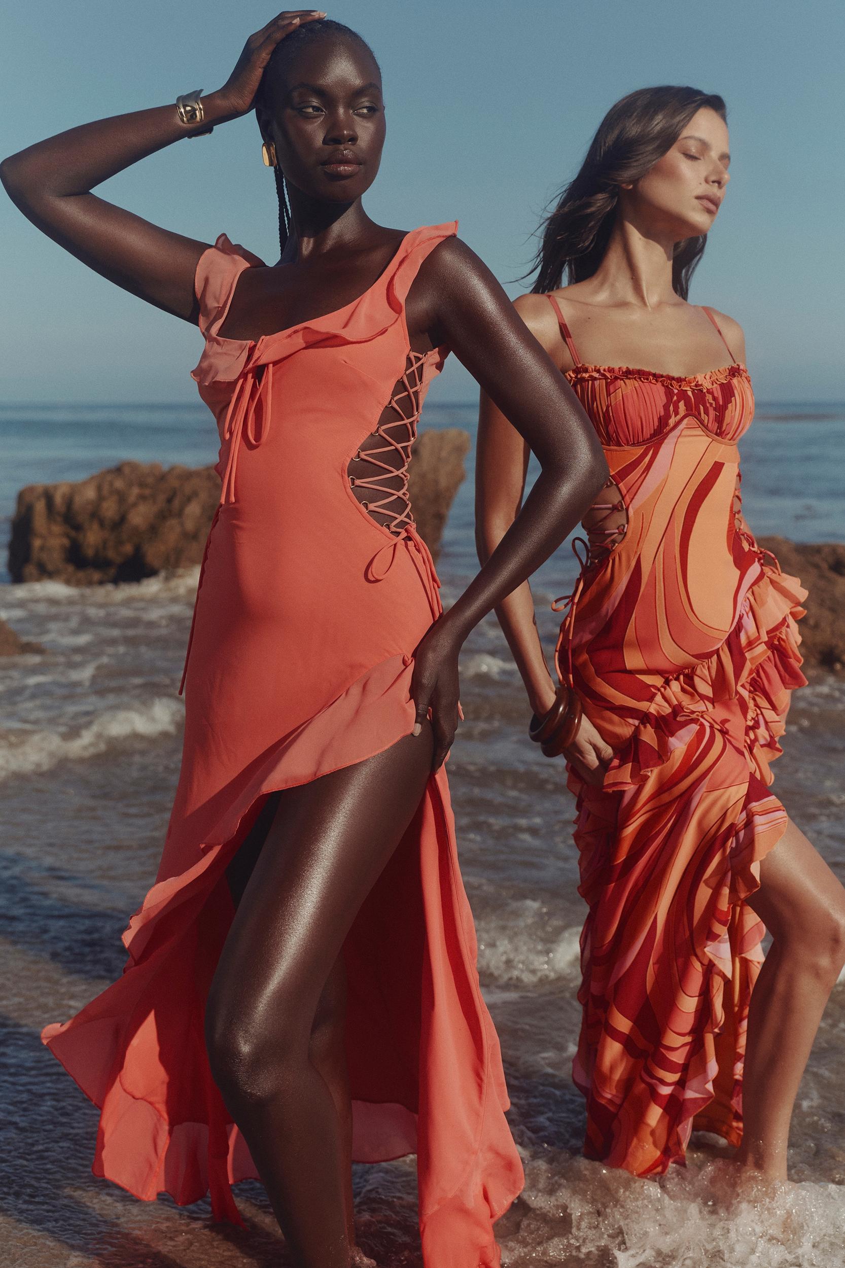 Aloura  coral georgette ruffle maxi dress Product Image