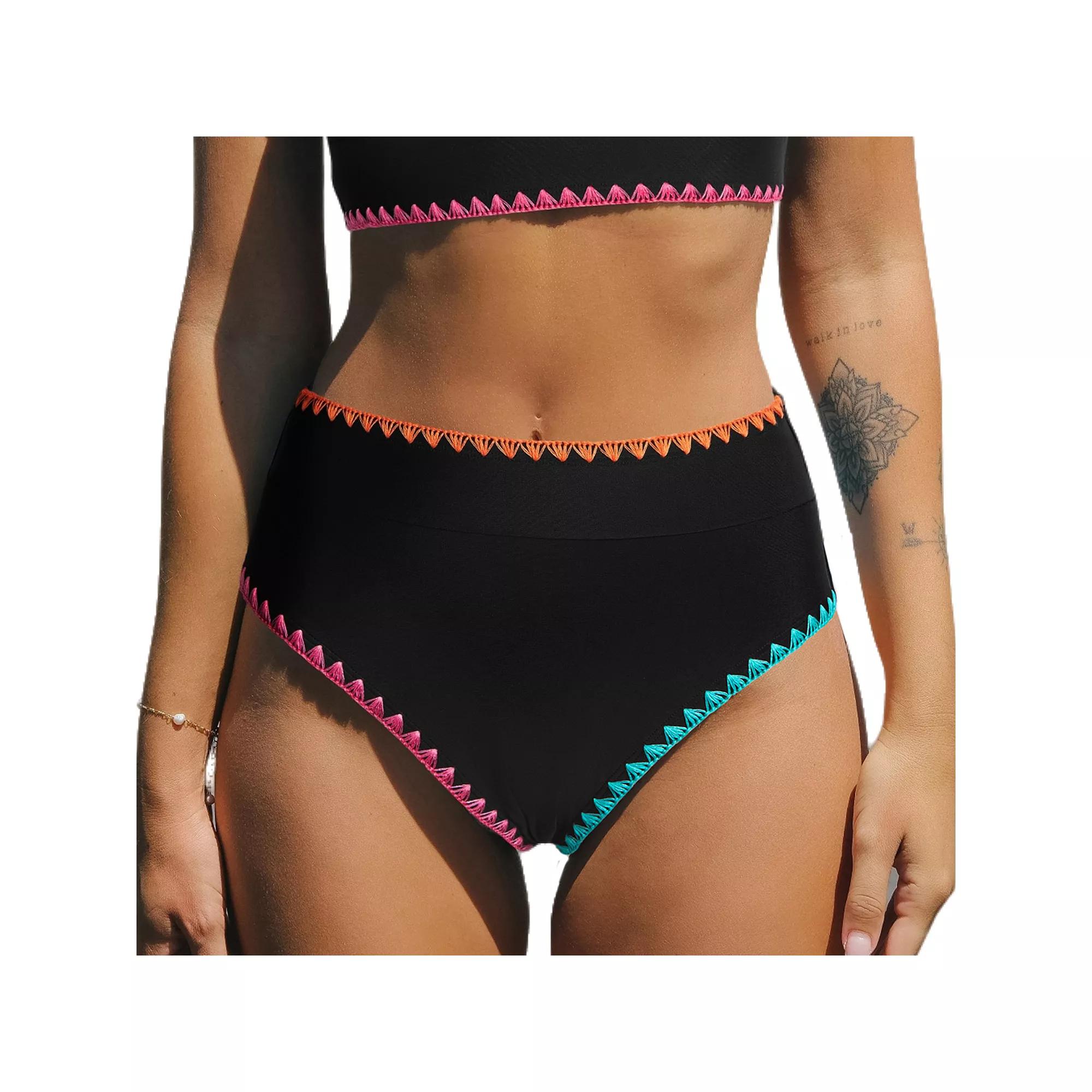 Women's Cupshe Paneled Super High Waist Bikini Bottoms, Size: Small, Black Product Image