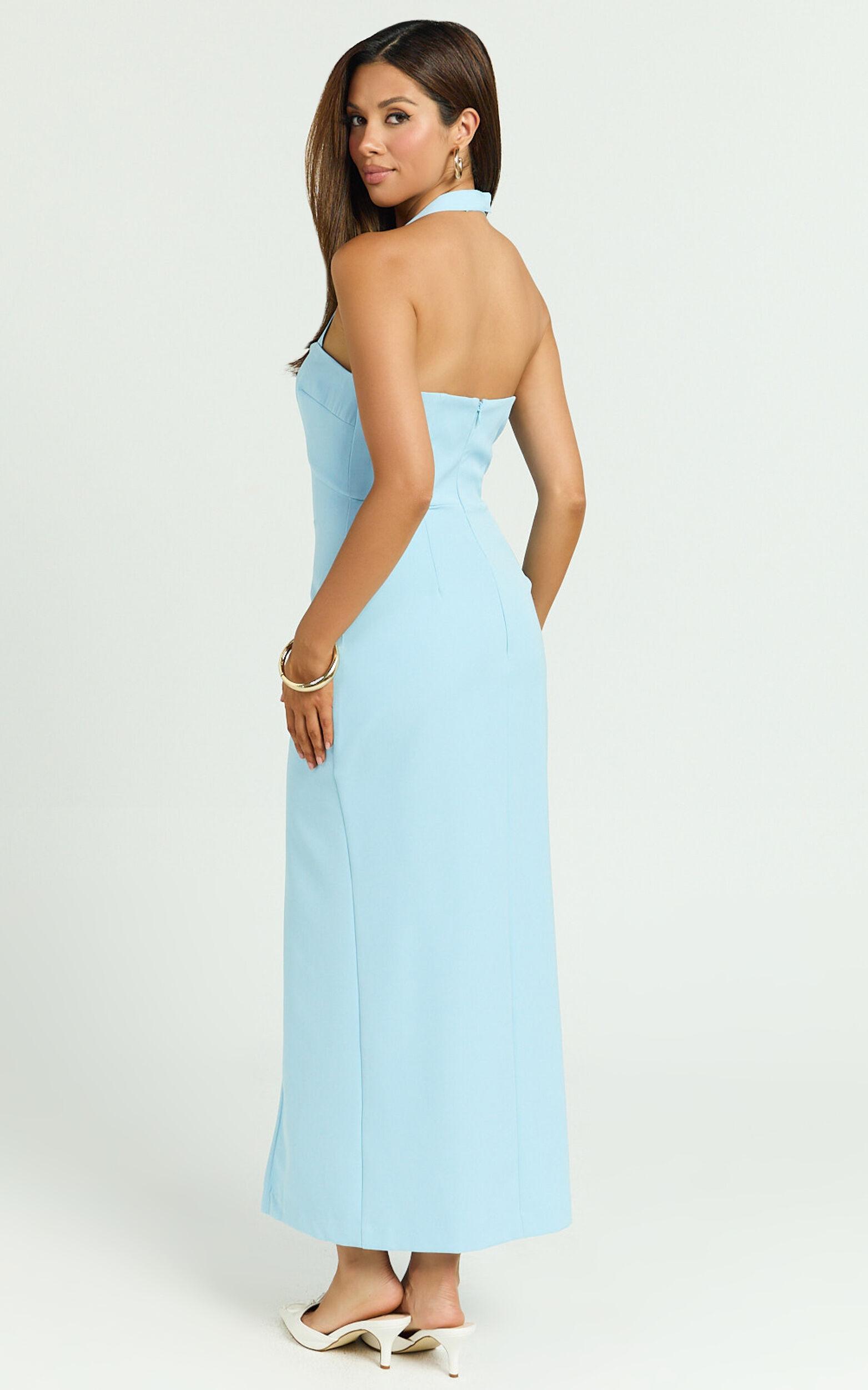Emkate Midi Dress - Straight Neck Halter Neck Fitted Hook And Eye Front Dress in Blue Product Image