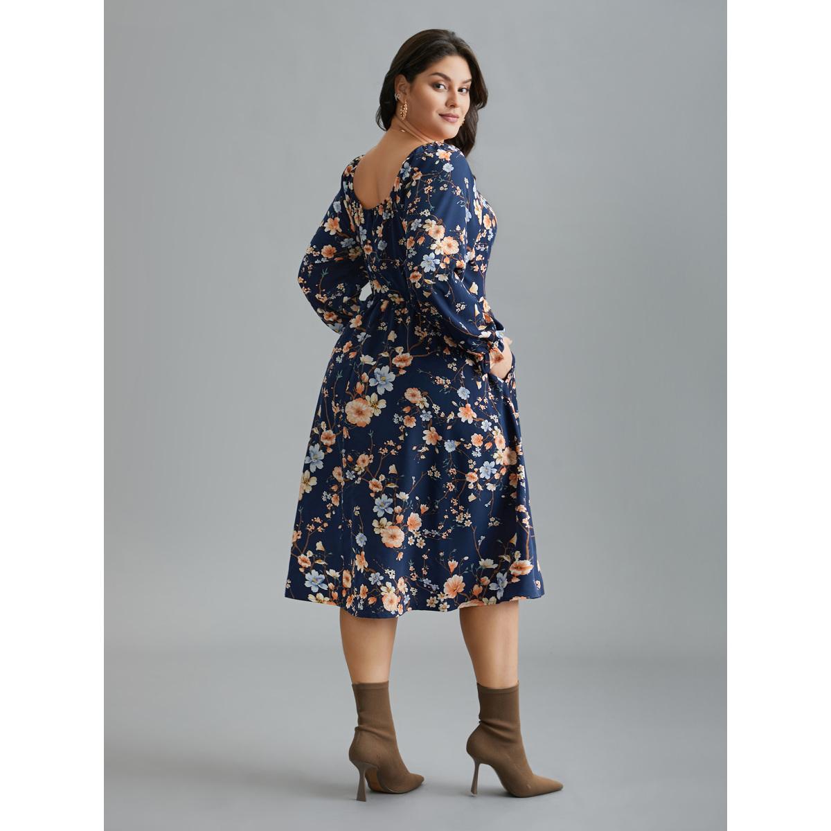 Plus Size Floral Knot Neck Split Hem Dress Indigo Women Elegant Tie knot Square Neck Long Sleeve Curvy BloomChic 30/6X Product Image