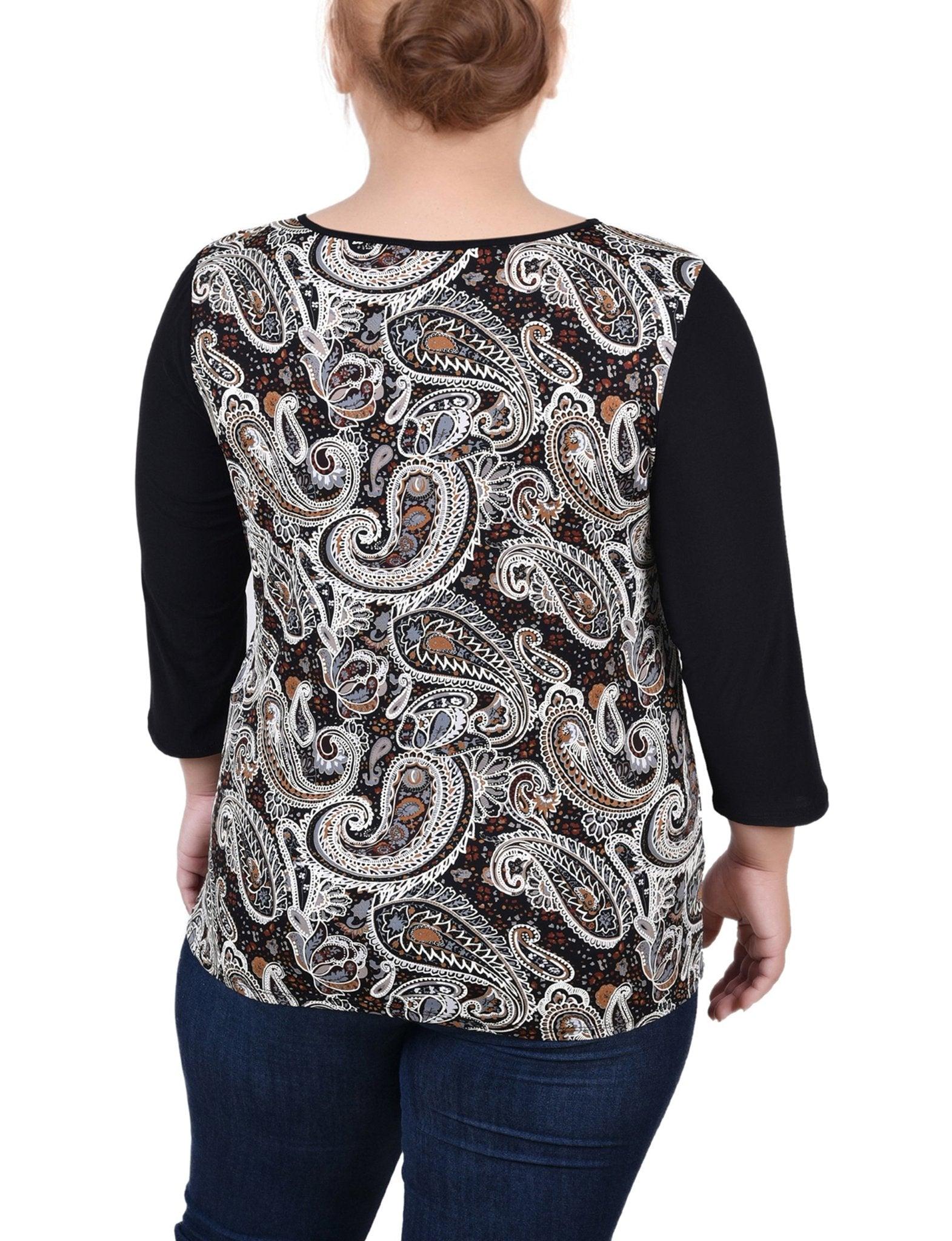 Brown Paisley 3/4 Sleeve Blouse With Necklace - Petite Product Image
