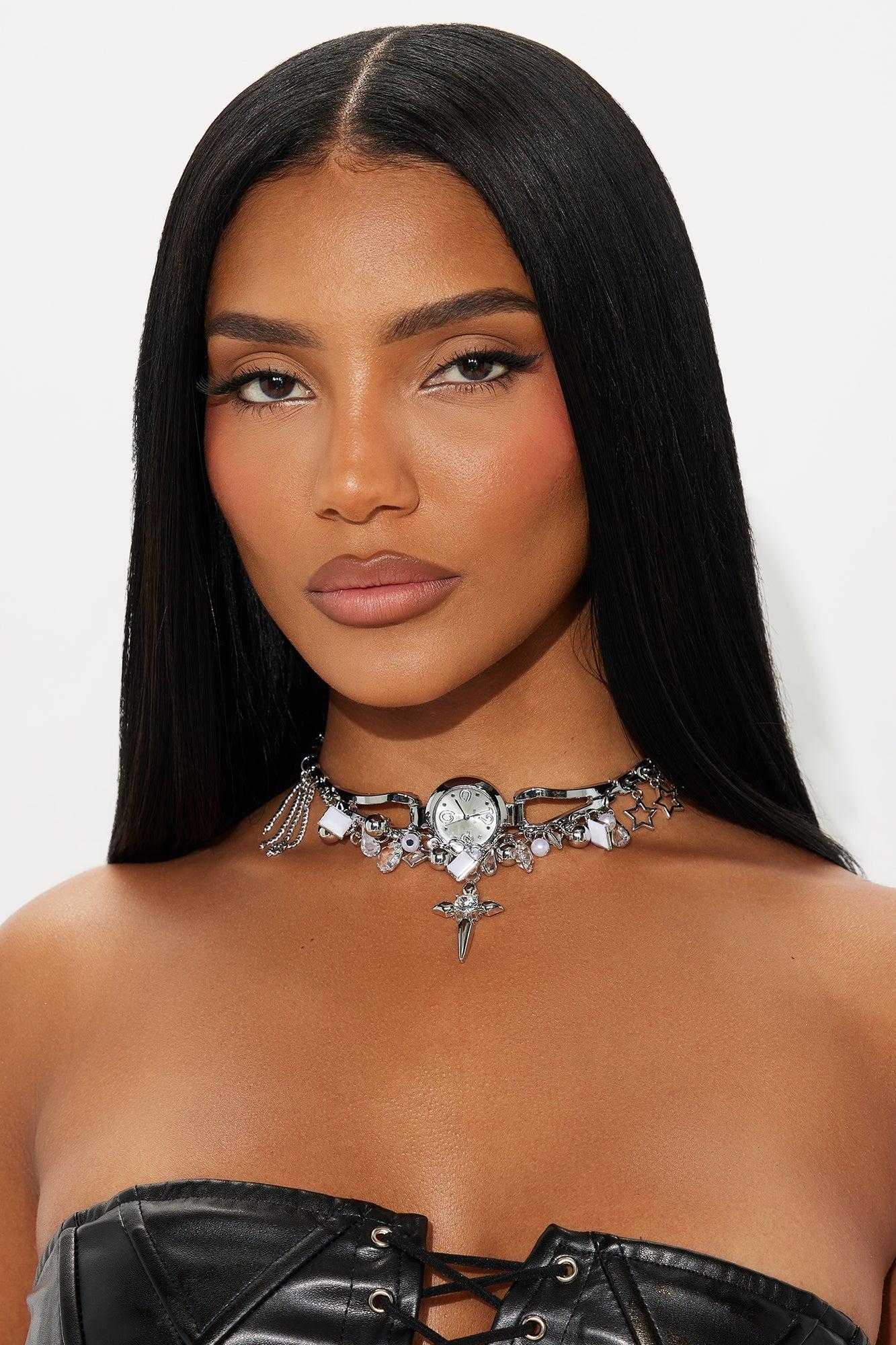 Watch The Neck Charm Choker Necklace - Silver Female Product Image