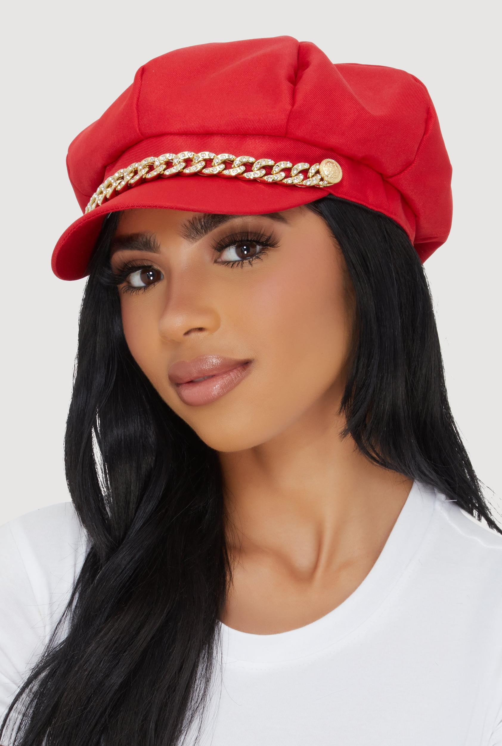 Rhinestone Curb Chain Detail Cabbie Hat Female Product Image