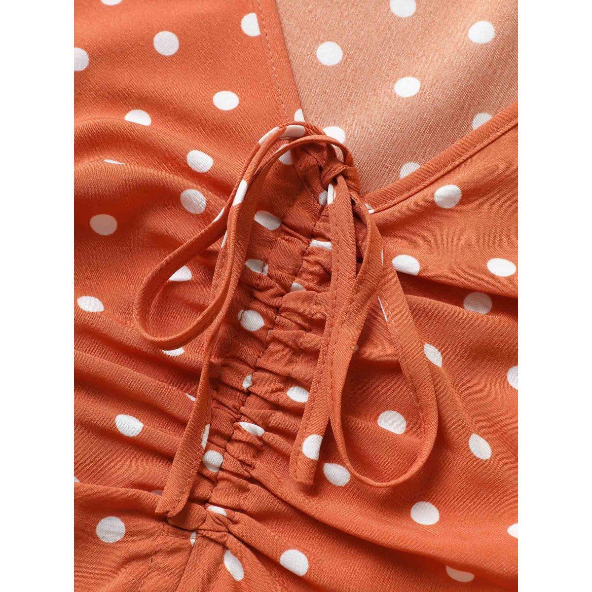 Plus Size Polka Dot Drawstring Belted Ruffle Sleeve Dress OrangeRed Women Elegant Non V-neck Short sleeve Curvy Midi Dress BloomChic 14-16/1X Product Image