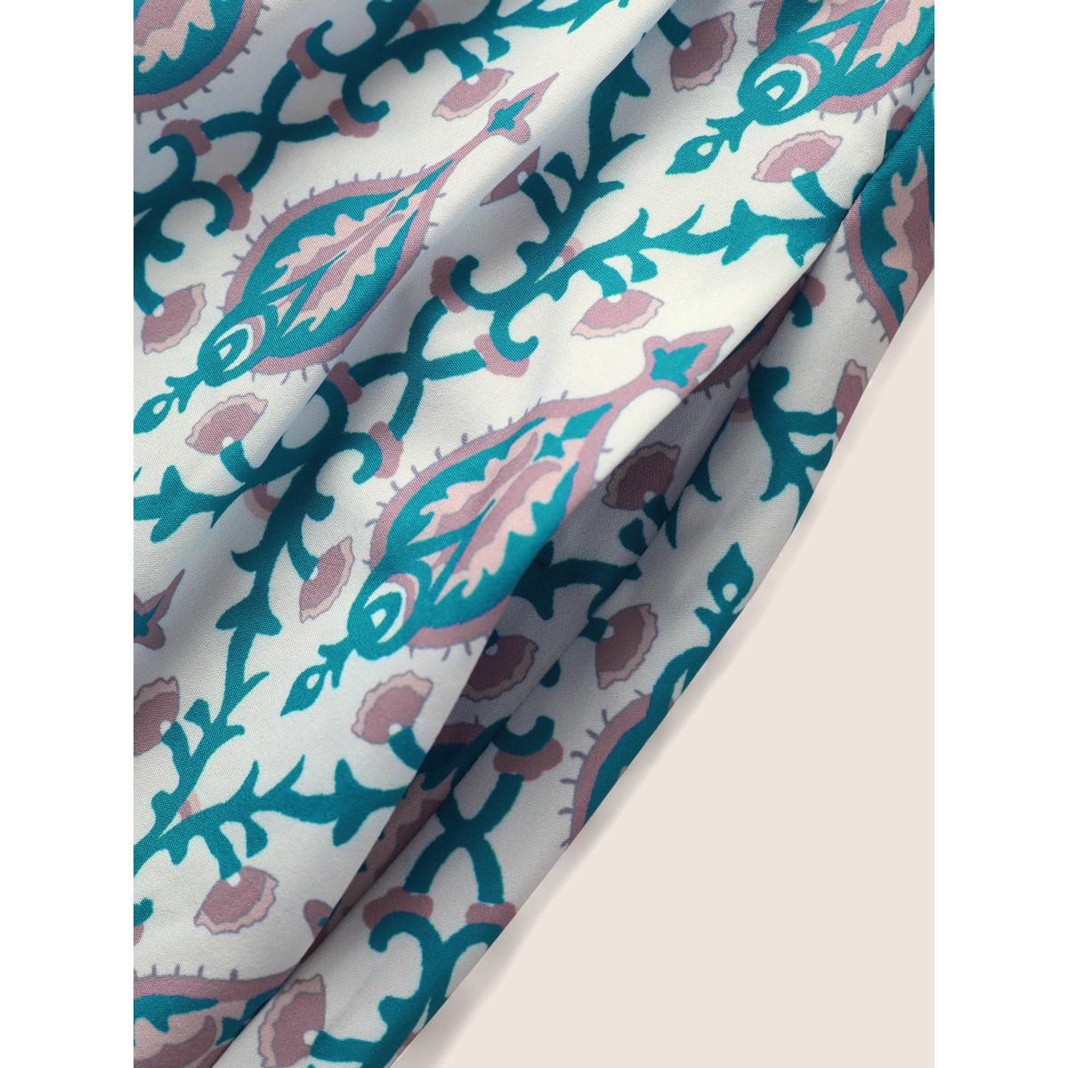 Plus Size V Neck Boho Print Ruffle Sleeve Midi Dress Turquoise Women Resort Non V-neck Short sleeve Curvy BloomChic 18-20/2X Product Image