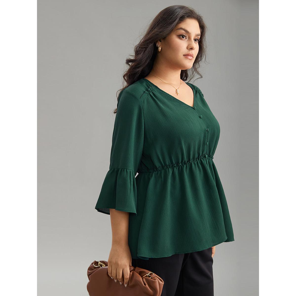 Plus Size DarkGreen Plisse Button Detail Elastic Waist Blouse Women Work From Home Elbow-length sleeve V-neck Office Blouses BloomChic 22-24/3X Product Image