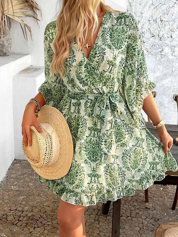 Flared Sleeves Half Sleeves Flower Print Ruffle Trim Split-Joint Tied Waist V-Neck Mini Dresses Product Image