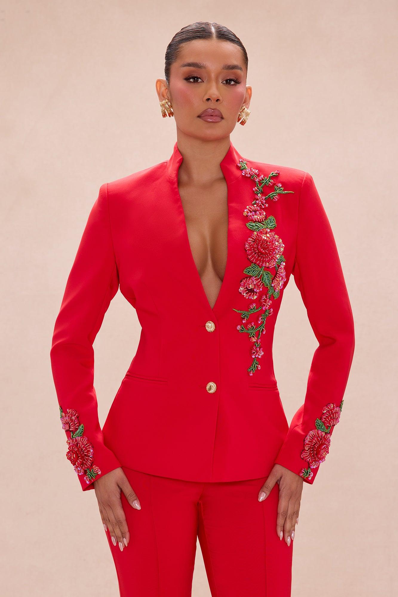 Amelia Embroidered Blazer Pant Set - Red Female Product Image