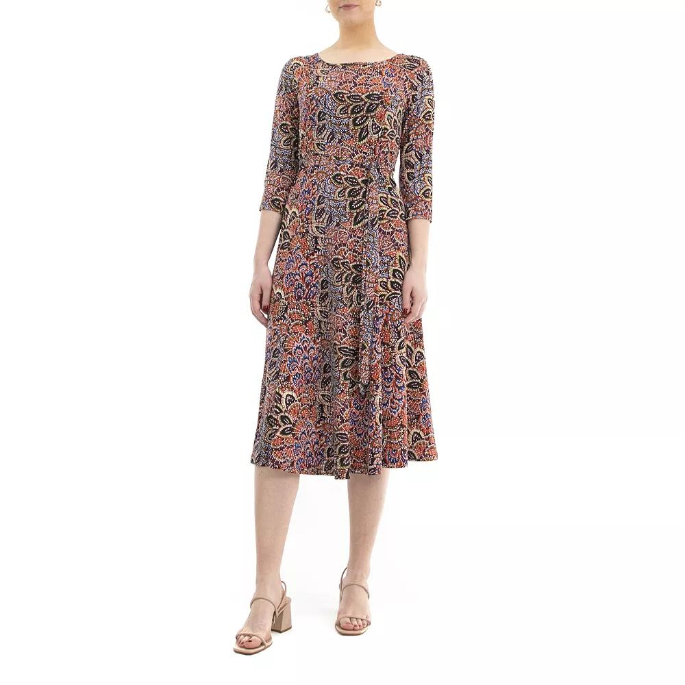 Women's Nina Leonard Belted 3/4 Sleeve Print Midi Dress,  Product Image