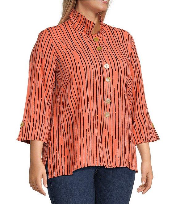 Ali Miles Plus Size Crinkle Woven Abstract Stripe Wire Collar 3/4 Sleeve Button-Front Tunic Product Image