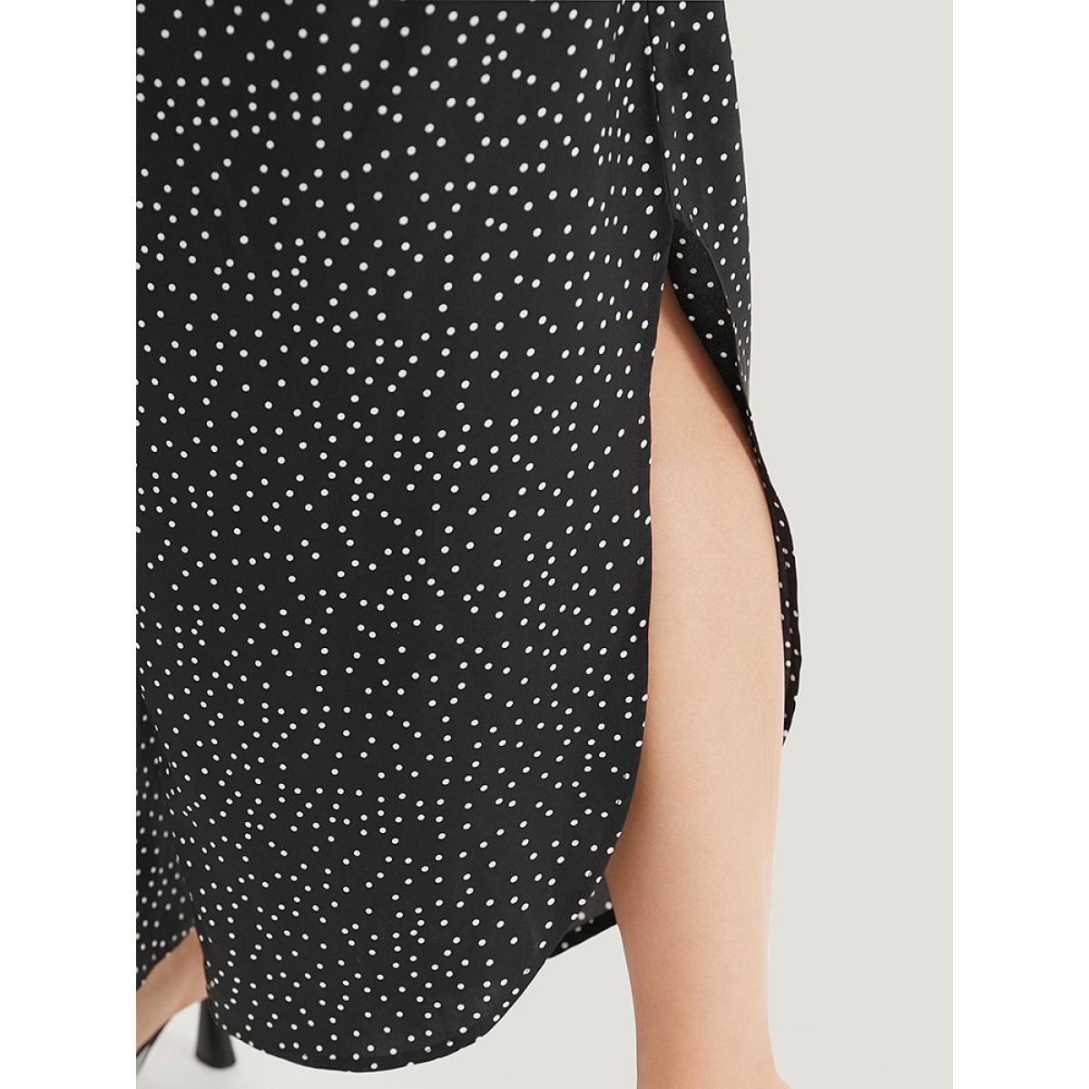 Plus Size Polka Dot Elastic Waist Split Hem Pants Women Black Elegant Mid Rise Dailywear Pants BloomChic 12/L Product Image