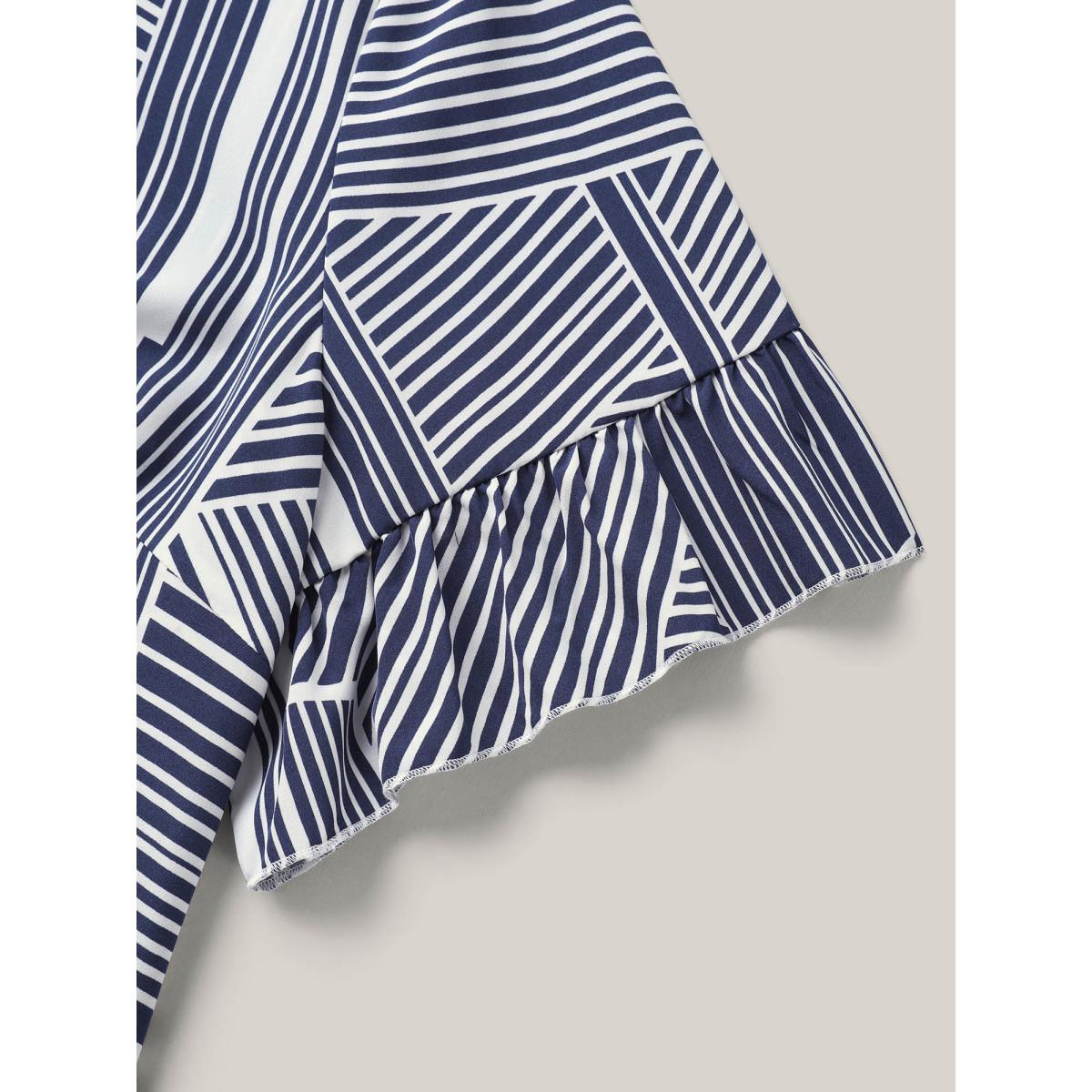 Plus Size Indigo Abstract Print Lotus Leaf Sleeve Blouse Women Work From Home Short sleeve Round Neck Work Blouses BloomChic 10/M Product Image