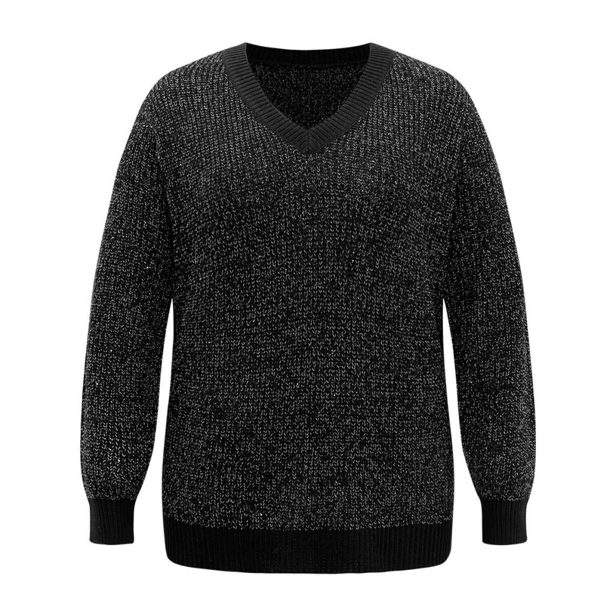 Plus Size Sparkly Elastic Cuffs Loose Pullover Black Women Casual Loose Long Sleeve V-neck Dailywear Pullovers BloomChic 10/M Product Image