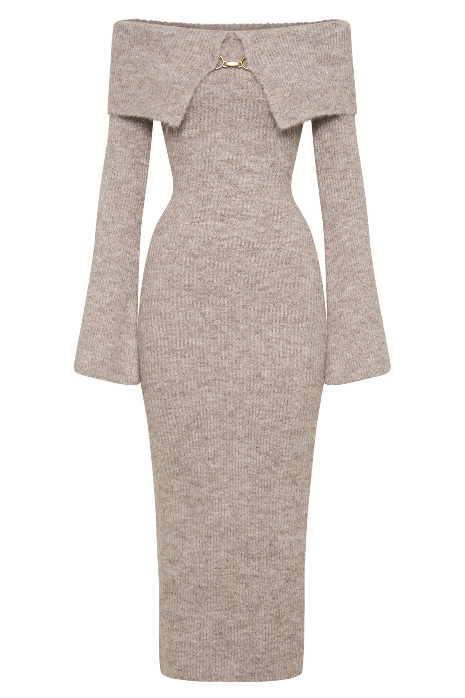 Baxter Off Shoulder Fluffy Knit Midi Dress - Taupe Marle Product Image