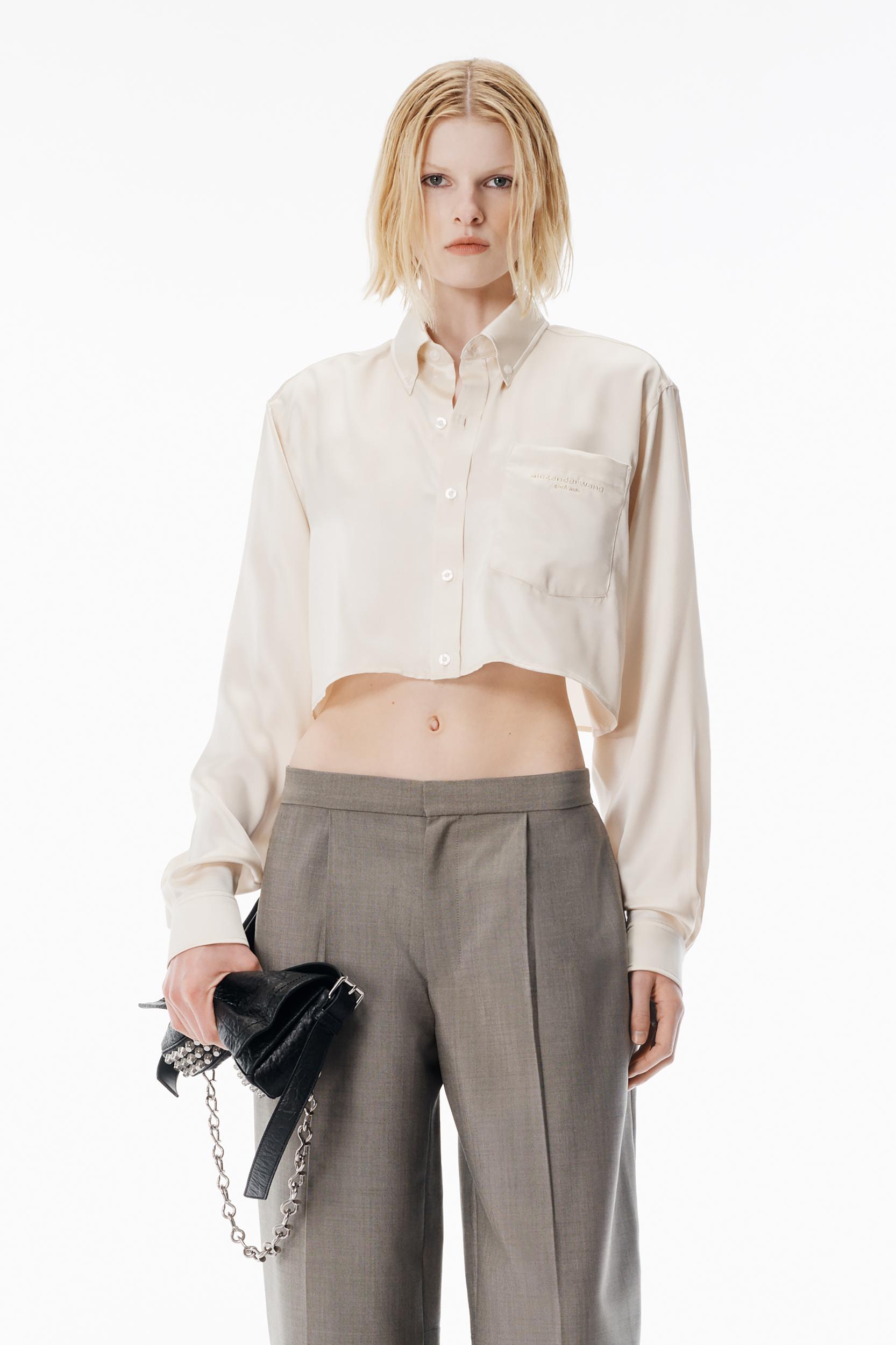 Ivory Silk Charmeuse Cropped Shirt Product Image
