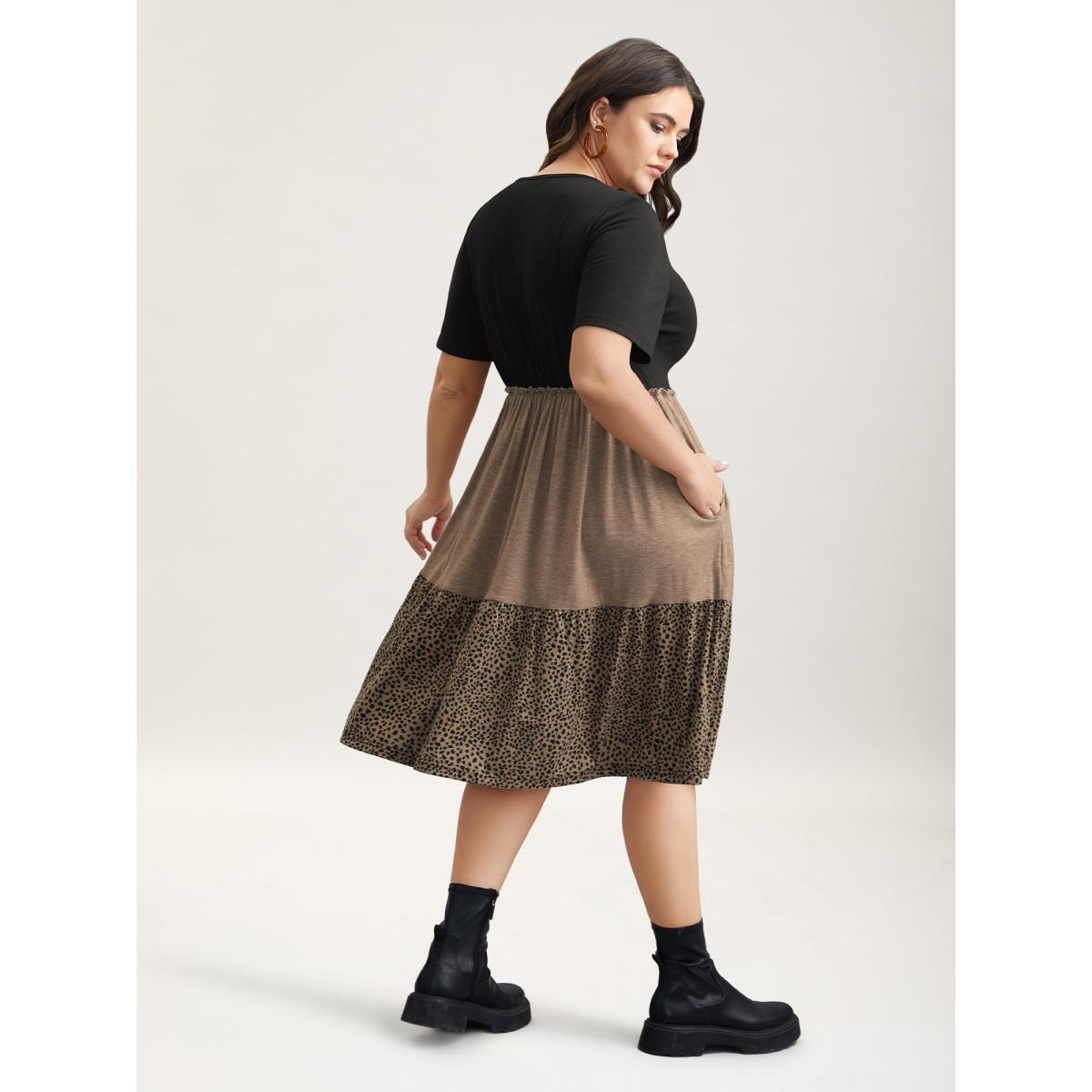 Plus Size Leopard Print Color-Block Pockets Midi Dress Multicolor Women Leisure Frill Trim Knit Dresses Bloomchic 18-20/2X Product Image