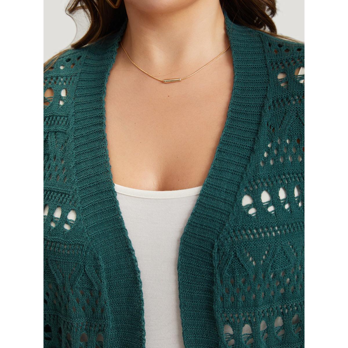 Plus Size Geometric Eyelet Open Front Loose Cardigan Cyan Women Casual Loose Long Sleeve Office Cardigans BloomChic 14-16/1X Product Image