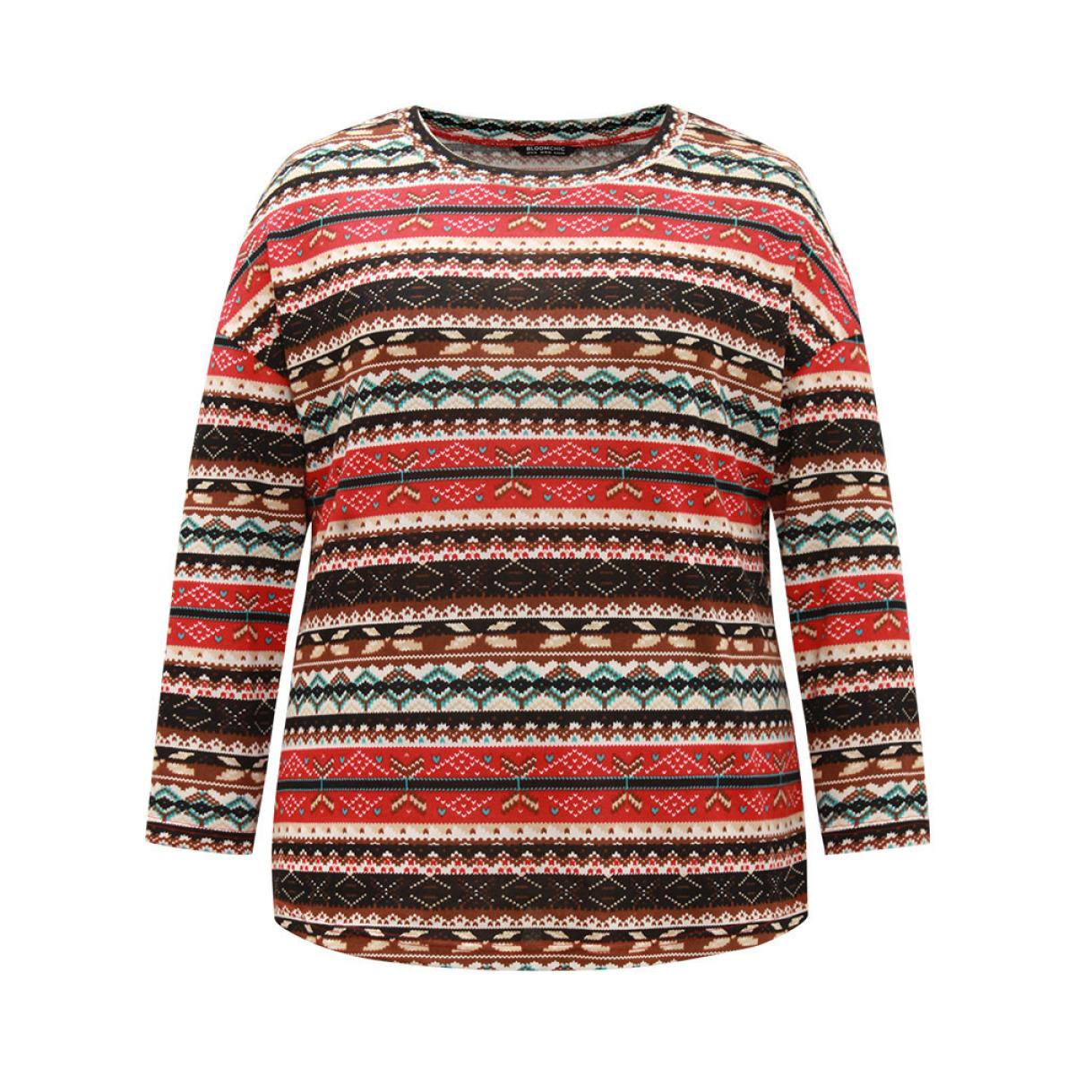 Plus Size Christmas Print Contrast Crew Neck T-shirt Multicolor Women Casual Contrast Graphic-Christmas Round Neck Festival-Christmas T-shirts BloomChic 10/M Product Image