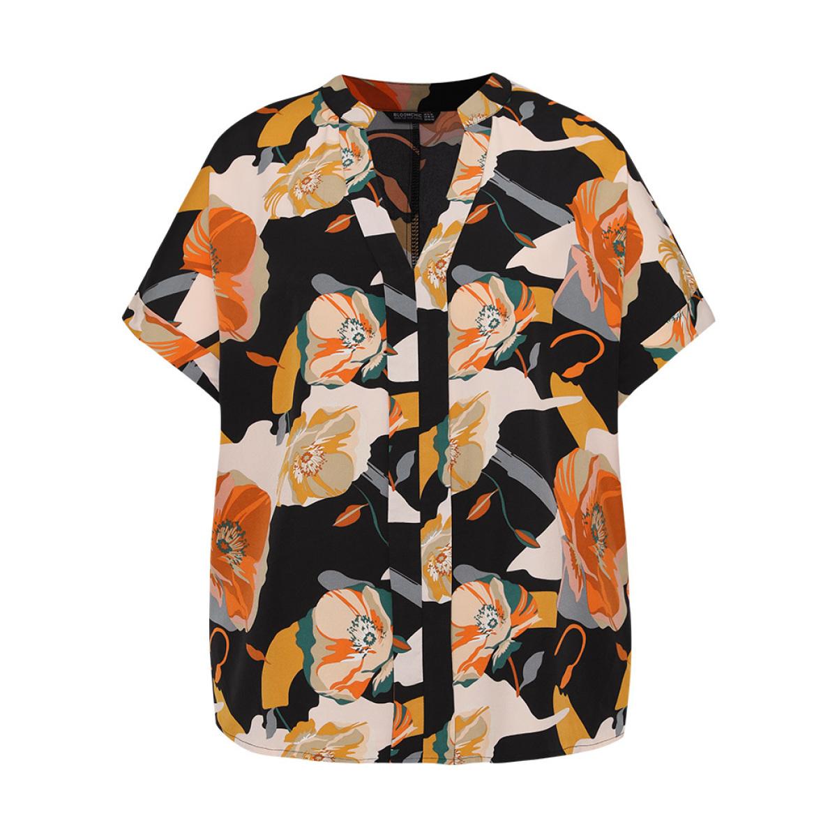 Plus Size Multicolor Floral Print Notched Cuffed Sleeve Blouse Women Elegant Short sleeve Notched collar Dailywear Blouses BloomChic 12/L Product Image
