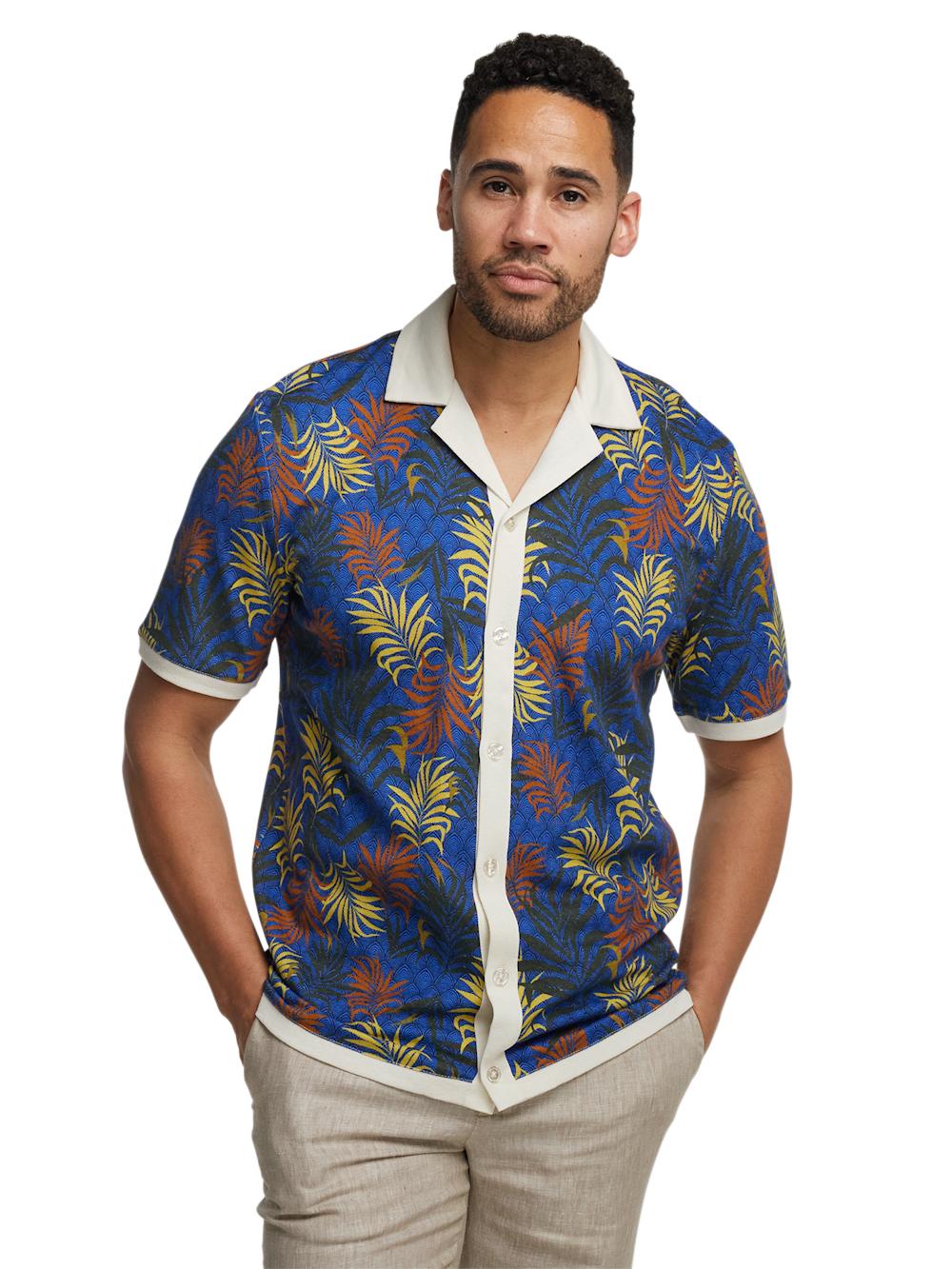 Linen Blend Button Front Camp Collar - Blue Multi Product Image