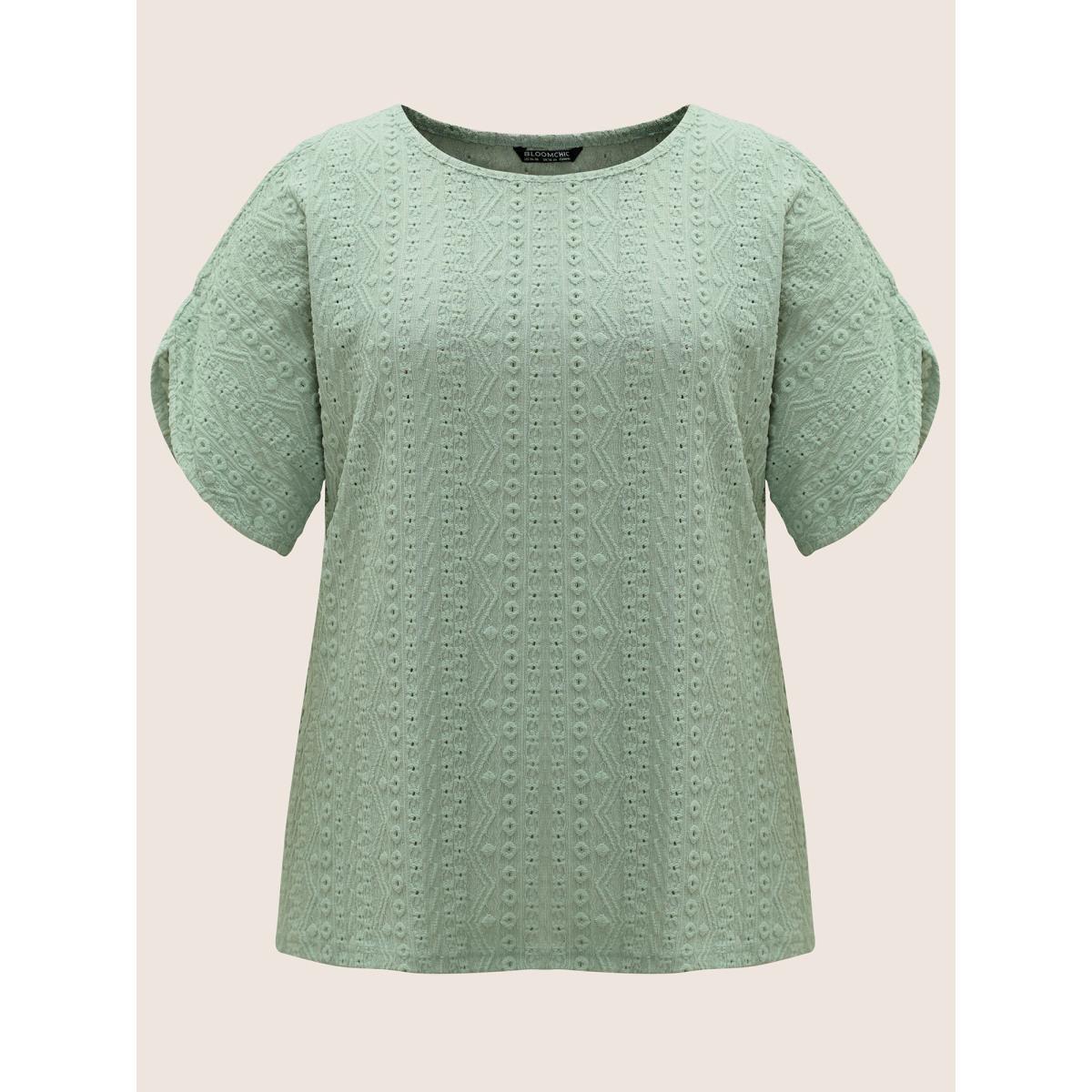 Plus Size Plain Texture Round Neck Cut Out T-shirt Mint Women Elegant Non Plain Round Neck Everyday T-shirts BloomChic 10/M Product Image