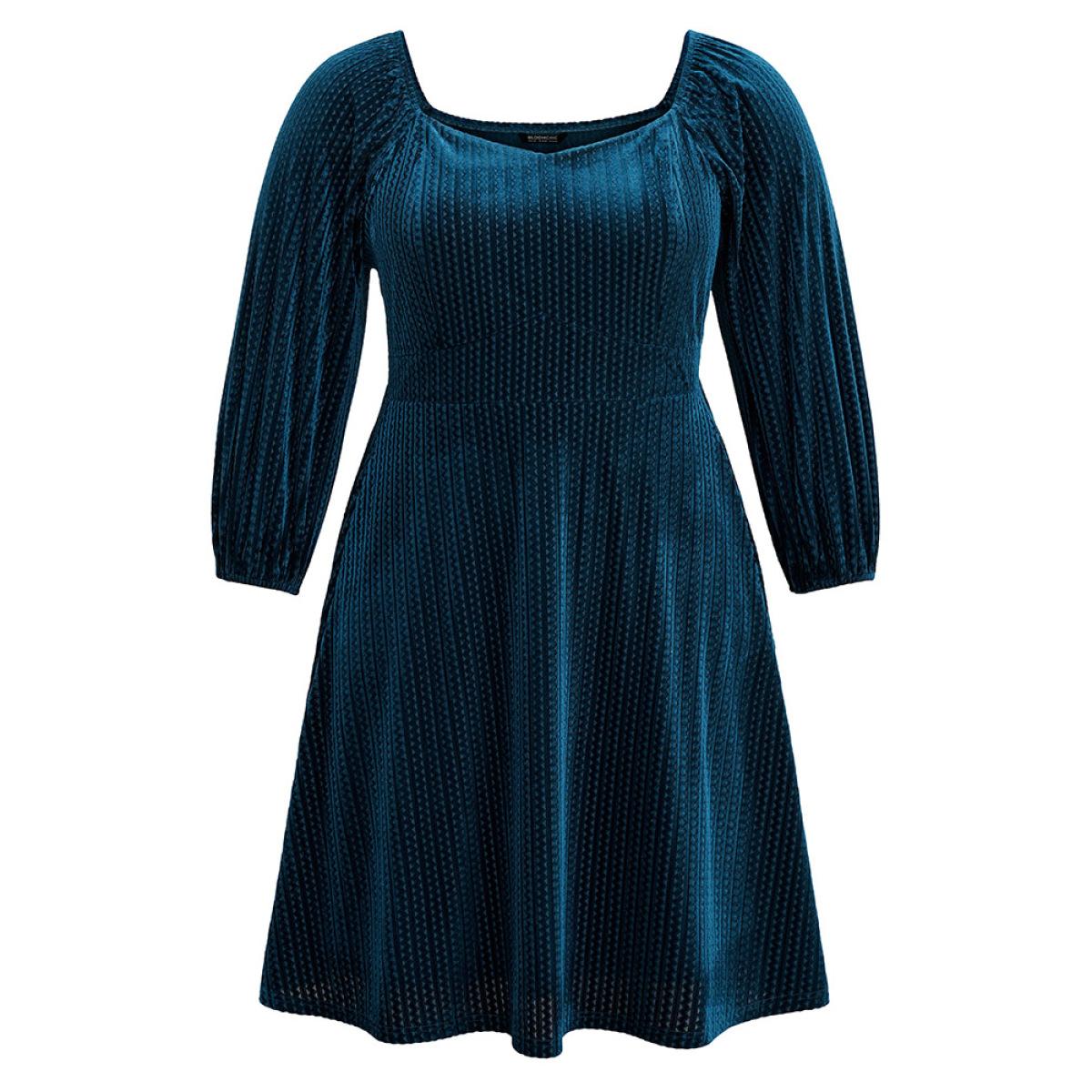 Plus Size Velvet Plisse Pocket Square Neck Dress Indigo Women Elegant Velvet Square Neck Long Sleeve Curvy Midi Dress BloomChic 30/6X Product Image