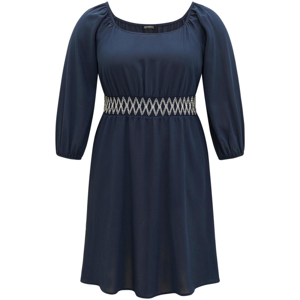 Plus Size Bandana Shirred Square Neck Lantern Sleeve Dress DarkBlue Women Vacation Elastic cuffs Square Neck Long Sleeve Curvy Midi Dress BloomChic 26/4X Product Image