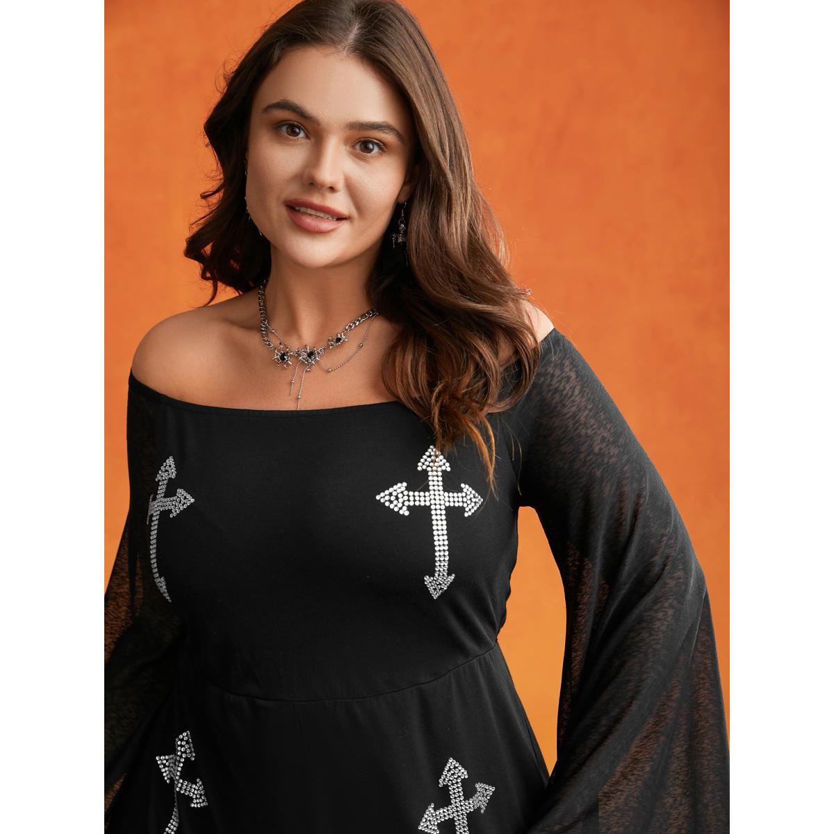 Plus Size Black Gothic Glam Off-Shoulder Waist-Cinching Jumpsuit Women Cocktail Extra Long Sleeve One-shoulder neck Party Loose Jumpsuits BloomChic 22-24/3X Product Image