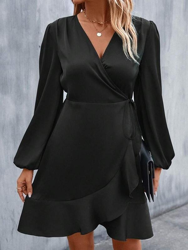 High Waisted High-Low Elasticity Pleated Solid Color Split-Joint Tied V-Neck Mini Dresses Product Image