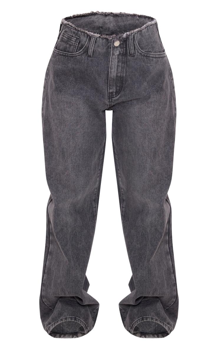 Petite Washed Grey Fray Waist Low Rise Straight Leg Jeans Product Image