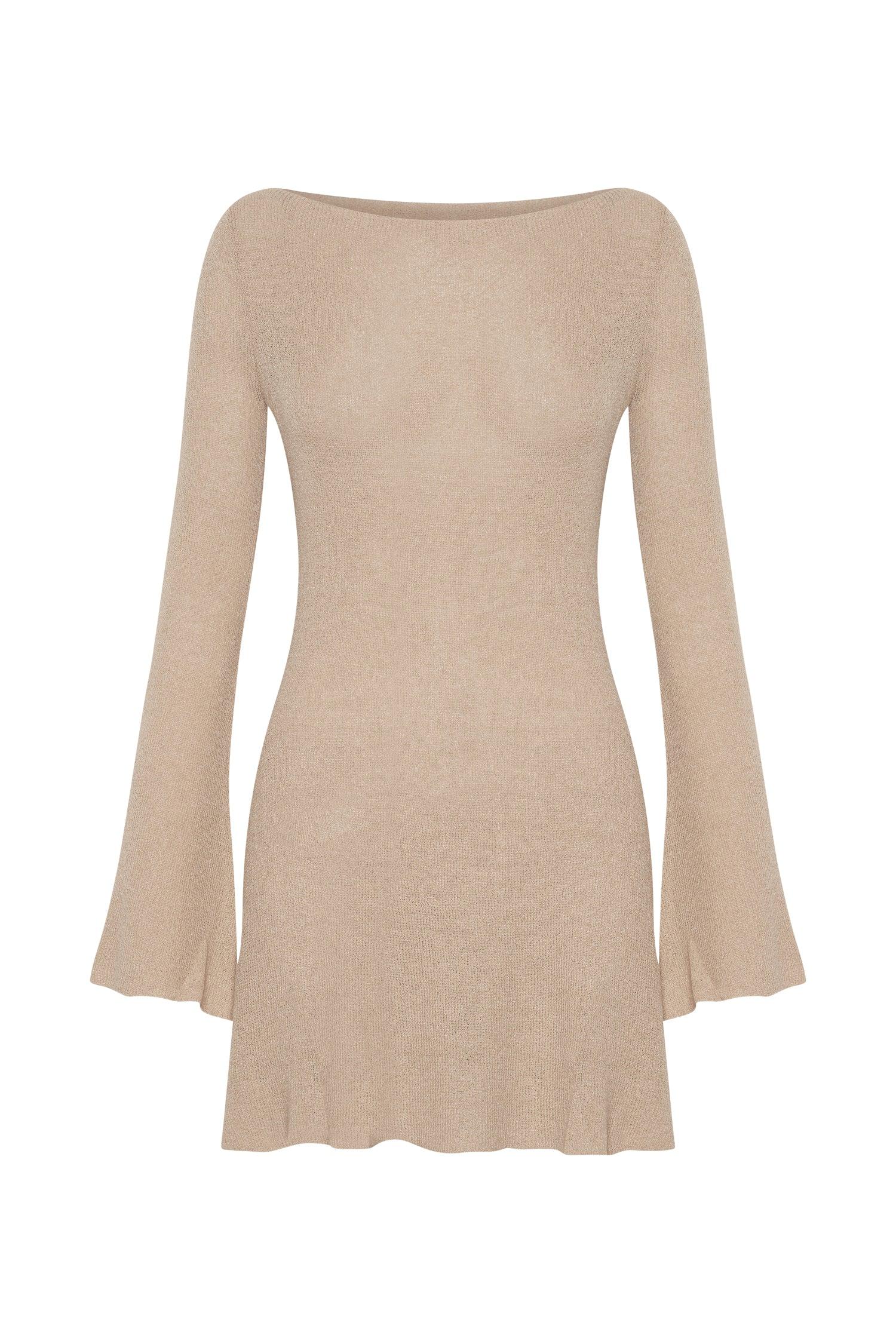 Zahra Long Sleeve Open Back Mini Knit Dress - Wheat Product Image