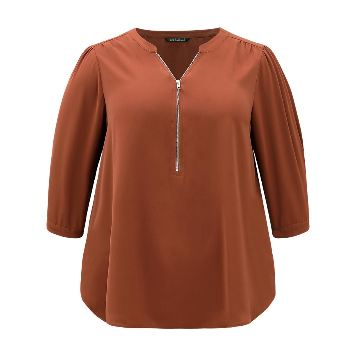 Plus Size Rust Plain Half Zip Gathered Blouse Women Work From Home Elbow-length sleeve V-neck Office Blouses BloomChic 14-16/1X Product Image