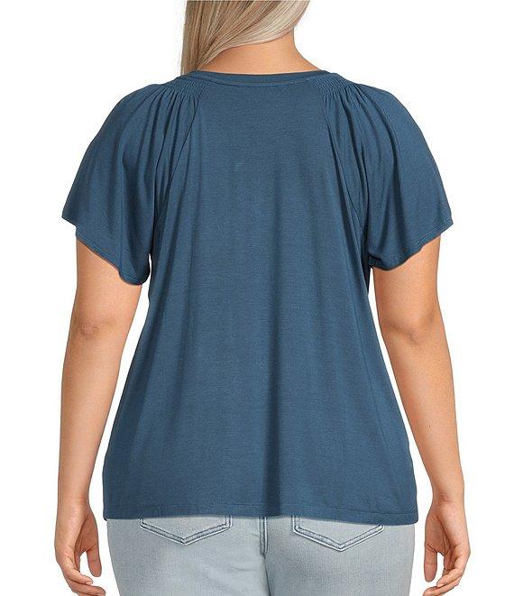 Liverpool Los Angeles Plus Size Jersey Knit V-Neck Short Flutter Sleeve Shirred Top Product Image